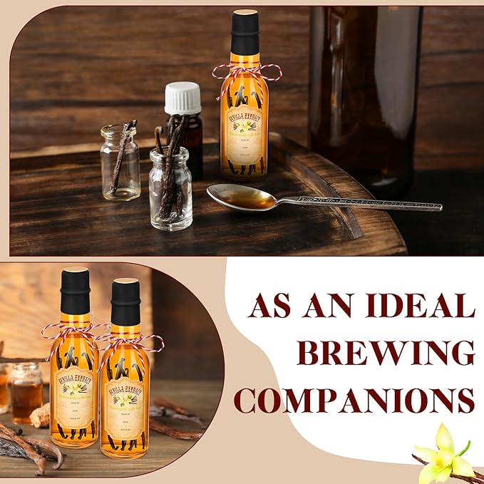 Tioncy 16 Pcs Vanilla Extract Bottles for Homemade Vanilla Jar Glass Bottle with Cap, Shrink Band, Sticker Syrup Gift Food Storage Canister for Bean Sauce Spice(Black,5 oz)