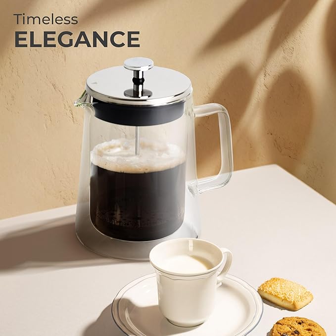 Kaffe Glass French Press Coffee Maker (27oz / 0.8L) - Double-Wall Insulated Borosilicate Glass Coffee Press - Travel & Camping - Homemade French Press Coffee