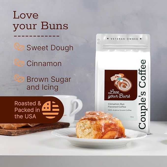 Couple?™s Coffee Ground Coffee | Gives Back to Military Families | Love Your Buns | Medium Roast Cinnamon Bun Flavored Coffee | Made with 100% Arabica Beans | 12oz bag brews about 34 cups