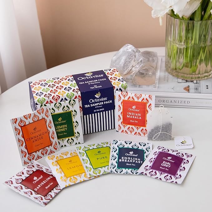 Octavius Tea Sampler Pack | 8 Assorted Black & Green Teas | 32 Teabags | Tea Sampler Variety Pack | Pack of 6