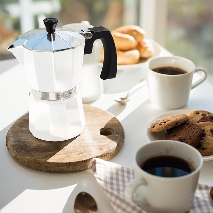 Zulay Moka Pot Espresso Stovetop Coffee Maker - Leak-Proof, Stainless Steel, Easy to Clean, Heat Resistant Handle & Knob - for Authentic Cuban & Italian Style Espresso - Makes 9 Espresso Cups - White