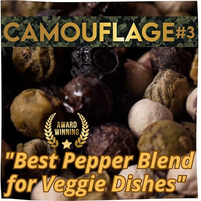 Yupanqui Peppercorn Medley Grinder FOR VEGGIE GRILL 3.5oz, Refillable Pepper Grinder Manual with Organic Peppercorns Mix of Tri Color Peppercorns Whole CAMOUFLAGE
