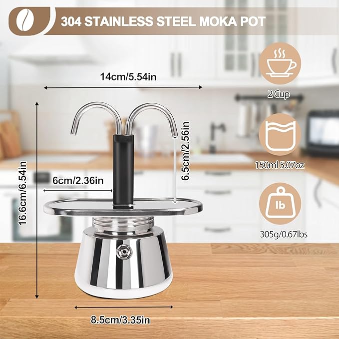 Uncoated 2 Cup Dual Pipe Moka Pot 304 Thickened Stainless Steel Mini Coffee Maker Stovetop Espresso Coffeemaker Italian Classic Style Brewing Greca Cafe Mocha Machine for Camping Travel Home 150ml