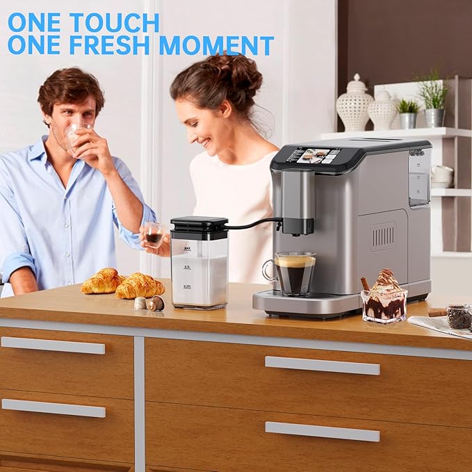 Super Automatic Espresso Machine 20 Bar with Grinder, One Touch Recipes & Automatic Milk Frother, 1350W Compact Bean to Cup Coffee Maker with TFT Touchscreen for Home Barista, Silver & Black