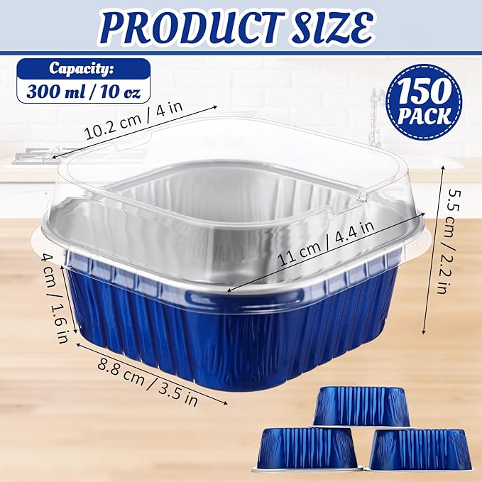Aoriher 150 Pieces 10 oz Mini Cake Pans with Lids Aluminum Foil Baking Cups Square Disposable 4" x 4" Large Cupcake Cups Baking Tins for Kitchen Brownie Pudding Desserts Holders(Sapphire Blue)