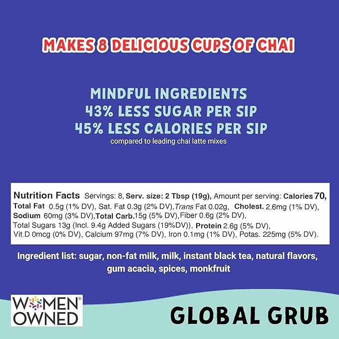 Global Grub Spiced Chai Latte Mix – Crafted with Mindful Ingredients – Effortless Instant Chai, Just Add Water, Enjoy Hot or Iced