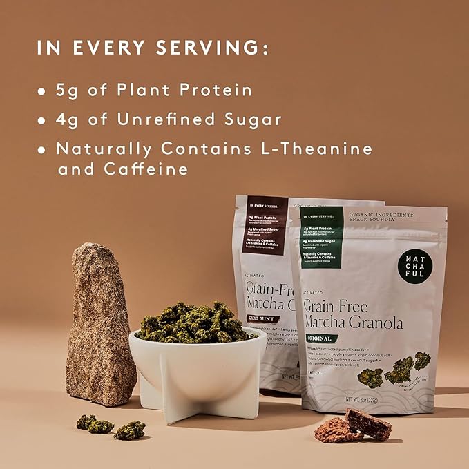 Matchaful - Original Matcha Granola - Activated, Grain Free, Organic Ingredients - Vegan, No Refined Sugar, No GMO - Gluten Free Granola Mixed with our Hikari Single Origin Matcha - 8oz Bag, 6pk