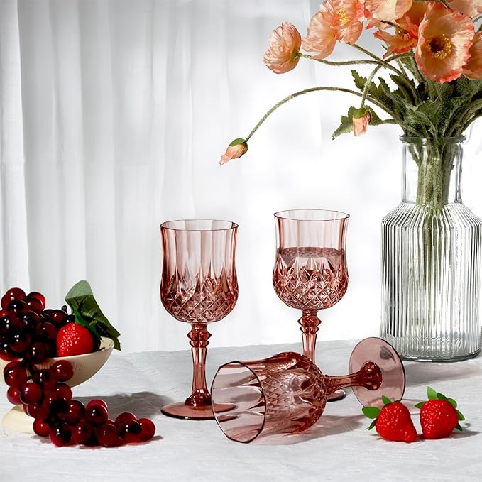 XUWAIDSGN 16 Pcs 7oz Plastic Vintage Wine Glasses Drinking Glasses Unbreakable Wedding Glassware Crystal Water Goblets Reusable Drinkware Vintage Champagne Flutes (16, Rose Gold)