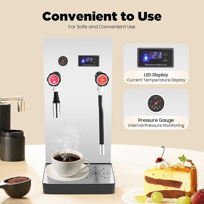 YIYIBYUS Espresso Machine, 110V 8L Commercial Espresso Coffee Milk Foam Maker Stainless Steel Electric Fast Heating Steam Water Boiling Machine with LED Display for Tea Cappuccino Latte Mocha