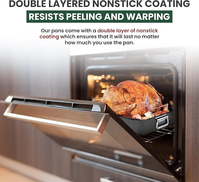 Large Roasting Pan With Rack 12” X 16” - Non Stick Large Roaster Pan and Flat Rack With Foldable Handles - Roasting Pans for Ovens to Elevate Food for Even Heating - Dishwasher Safe Turkey Roast Pot