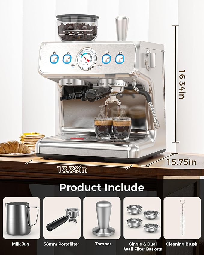 (2025 Upgrade)20 Bar Espresso Machine with Grinder & Milk Frother Steam Wand, Tamping Tools, Expresso Coffee Machines 58mm Commercial Espresso Maker for Home or Cafì±? Perfect for latte, Cappuccino