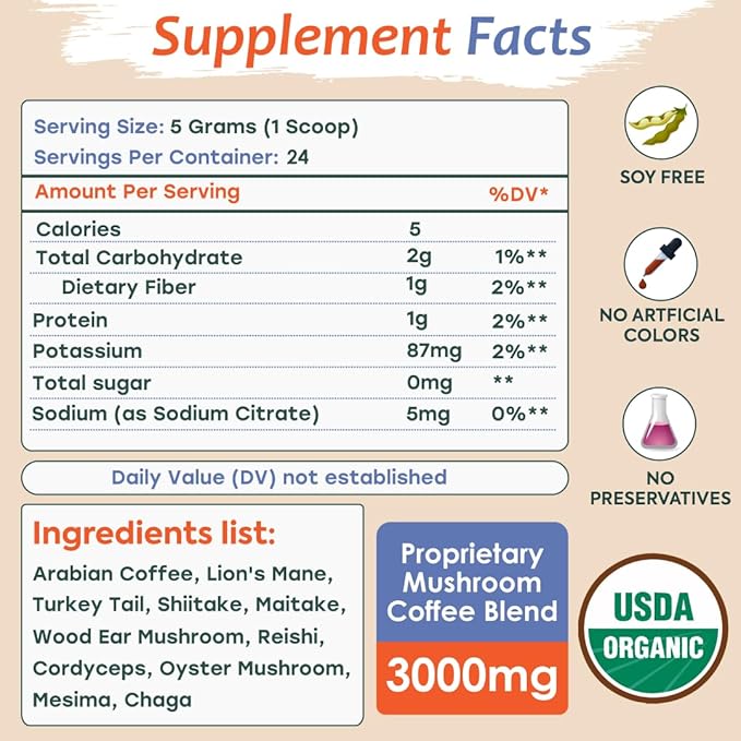 Ambica Organic Instant Mushroom Coffee Blend- Advanced Ten Mushrooms Coffee Mix for Brain Health, Weight Support, Immunity, Energy & Gut Health- Natural Coffee Alternative - 24 Servings - 4.23 Ounce