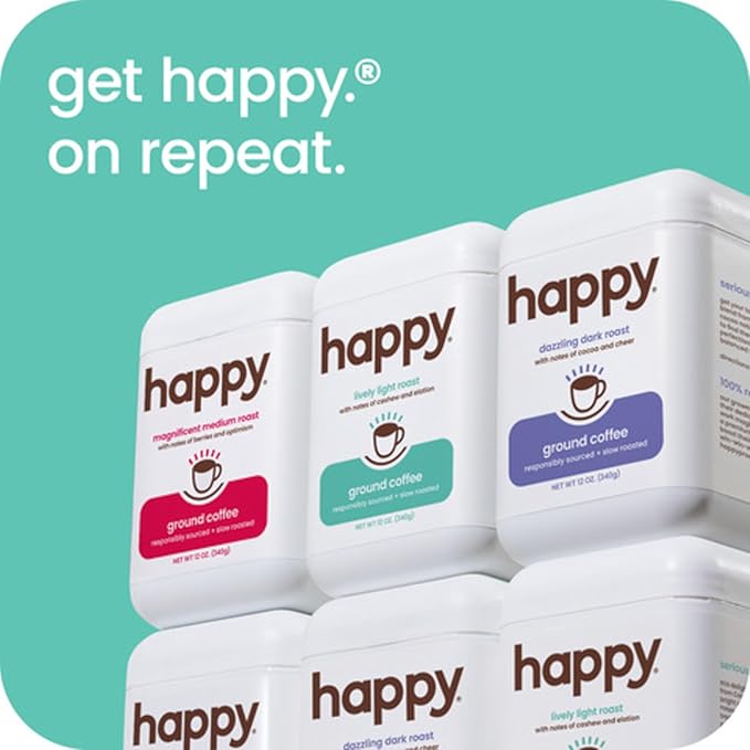 happy coffee light roast ground coffee, 12 oz., notes of cashew & elation, recyclable container, grown & harvested in Colombia, Brazil & Guatemala