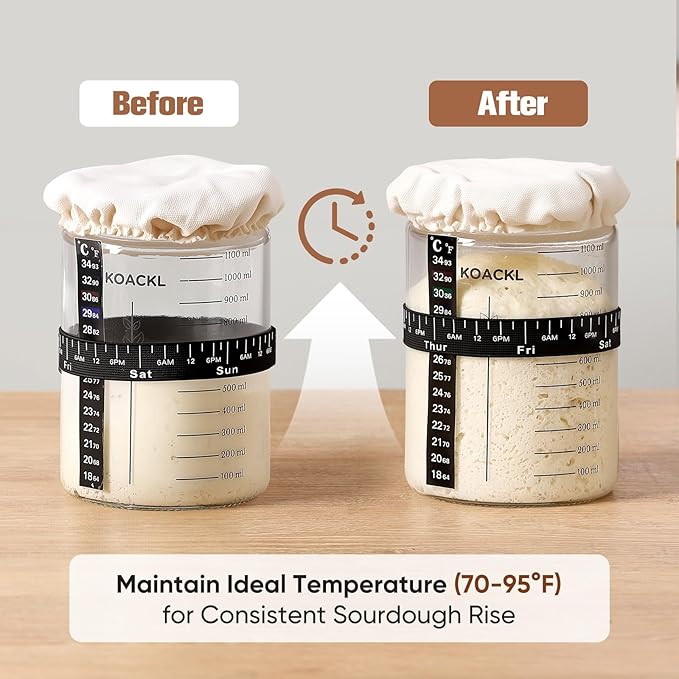 Koackl Sourdough Starter Jar, 40oz Sourdough Starter Kit with Magnetic Bread Lame, Thermometer, Long Scraper, Cloth Cover & Lid for Sourdough Bread Baking Supplies