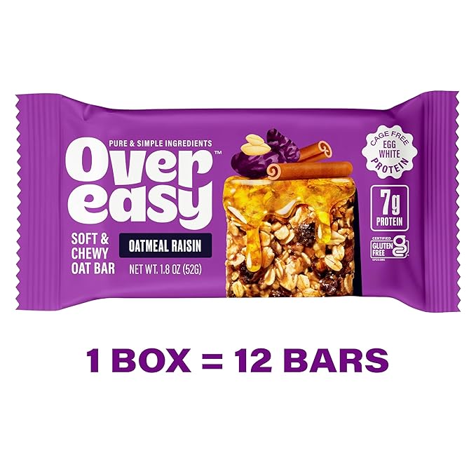 OVER EASY Oatmeal Raisin Breakfast Bars | All Natural, Clean Ingredient Protein Bars | Breakfast & Cereal Bars | 12 Protein Snack Bars Gluten Free, Dairy Free, Soy Free