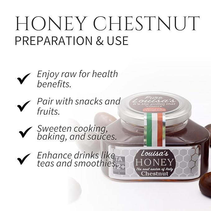 Louisa's Chestnut Honey | Award-Winning Italian Raw & Pure Honey | TA 12+ (MGO 354+) | 100% Traceable | Sustainably Sourced | GMO, Gluten & Allergen Free | 350g