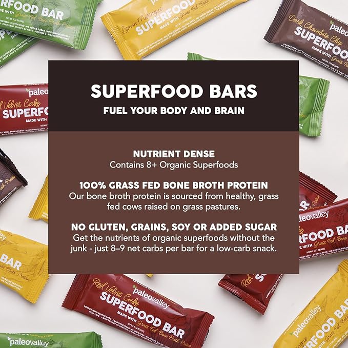 Paleovalley Superfood Bars ??Dark Chocolate Chip??10 Pack ??9g Protein per Bar ??Gluten-Free, Grain-Free, Paleo, Non-GMO ??On-the-Go Snack