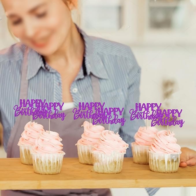 30 PCS Happy Birthday Cupcake Toppers Glitter Happy Birthday Cupcake Picks for Celebrating Anniversary Theme Party Cake Decorations Supplies Dark Purple