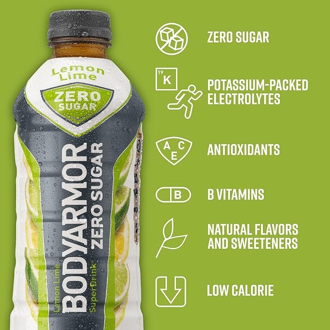 BODYARMOR ZERO Sugar Lemon Lime, Sugar Free Sports Drink - Low-Calorie Hydration - Natural Flavors with Potassium Packed Electrolytes, Antioxidants, and B-vitamins, 28 fl oz (Pack of 12)