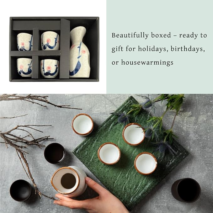 JapanBargain 4978, Japanese Porcelain Plum Sake Set Sake Carafe Bottle Sake Cups for Serving Hot Sake and Cold Sake, Made in Japan, White, 5 oz