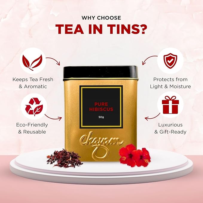 CHAYAM Hibiscus Flower Tea 30+Cups/2.1oz | Pure Dried Hibiscus Flowers Loose Leaf Tea | 100% Herbal Tea | Caffeine-Free | Premium Tin Caddy