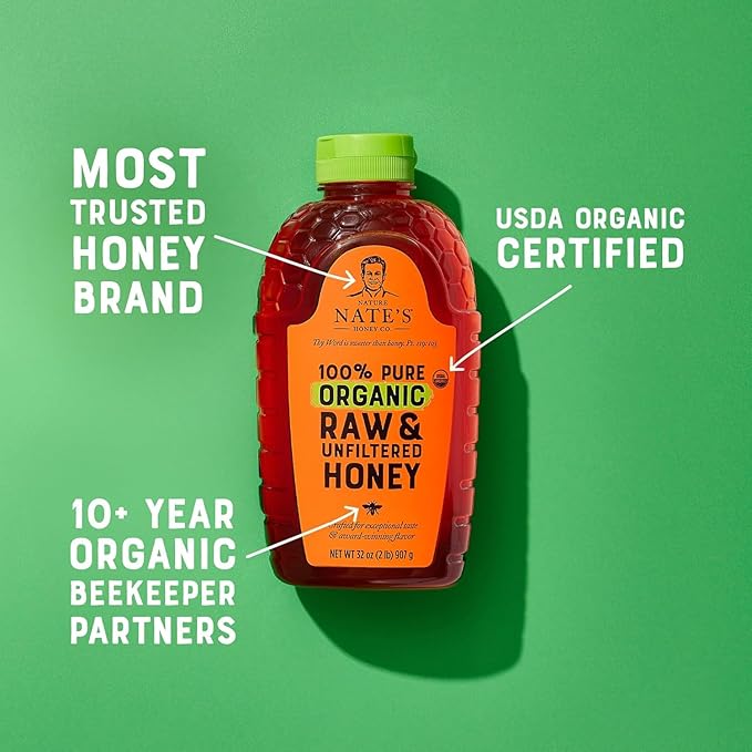 Nate's Organic 100% Pure, Raw & Unfiltered Honey - USDA Certified Organic - 16oz. Squeeze Bottle