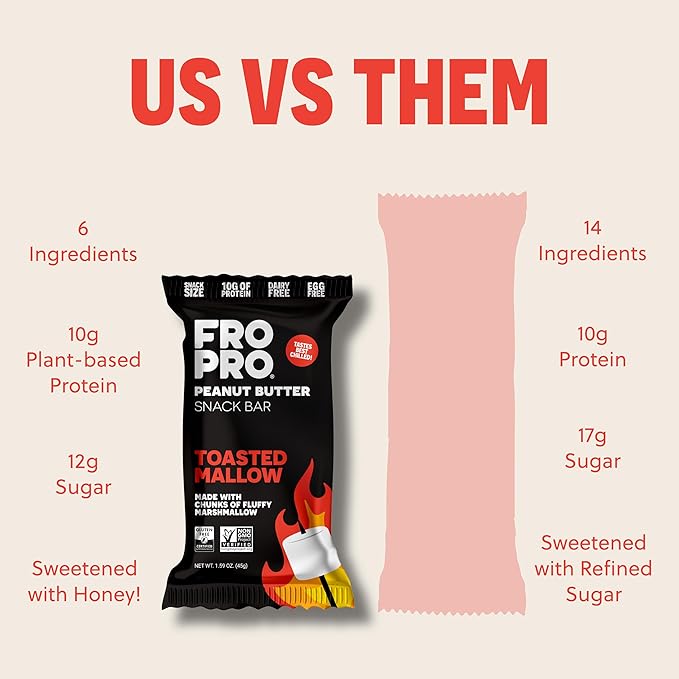 FROPRO Plant Protein Snack Bars - Plant Based Protein Bars, All-Natural, Gluten, Dairy, & Soy Free, High Protein Bars with Low Calories | Toasted Mallow, 24 Pack
