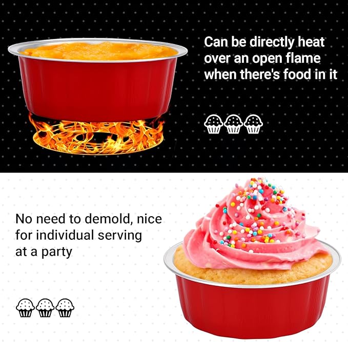 Beasea Disposable Aluminum Foil Cups 100 Pack, 8 oz 235ml 3.9" Bake Ramekin Cup Muffin Cupcake Baking Cup Mini Pudding Cups for Party Wedding Birthday - Red
