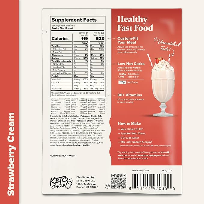 Keto Chow Strawberry Cream | Keto Meal Replacement Shake Powder | Nutritionally Complete | Low Carb | Delicious Easy Meal Substitute | Protein Rich You Choose The Fat | 21 Meal Serving