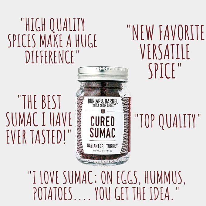 Burlap & Barrel Cured Sumac - Bright, Sour, Salty, Slightly Fermented Spice - Ground Sumac for Cooking - Savory Tartness - As Seen On Shark Tank - 2.3oz Glass Jar