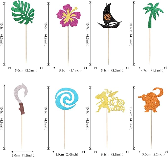 24 Pack Moana Cupcake Toppers Glitter Palm Leaf Moana Cupcake Picks The Sea is Calling Hawaiian Tropical Cake Decorations for Luau Summer Baby Shower Birthday Wedding Party Supplies