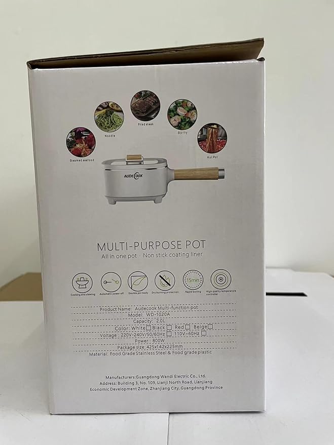 Audecook Hot Pot Electric 2L, Cermic Glaze Non-Stick Frying Pan 8 Inch, Portable Travel Cooker for Ramen/Steak/Fried Rice/Oatmeal/Soup, with Dual Power Control (Silicone Spatula Included)