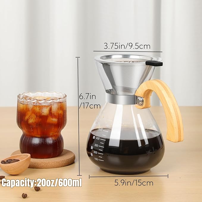 Pour Over Coffee Maker Set, with Double-Layer Stainless Filter and Wooden Handle, 20 oz 600ml Thickened Borosilicate Glass Pour Over Coffee Dripper for Home Caf챕