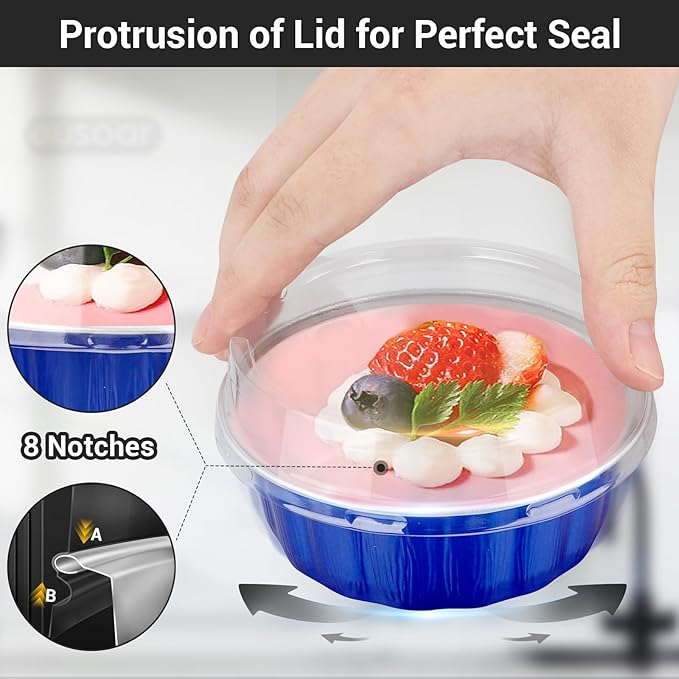 EUSOAR Cake Transport Container, 100pcs 9oz Dark Blue Sheet Cake Pan with Lid, Disposable Ramekins Desert Cups with Lids Cupcakes Bread Pudding Round Holders for Wedding Birthday Theme Party