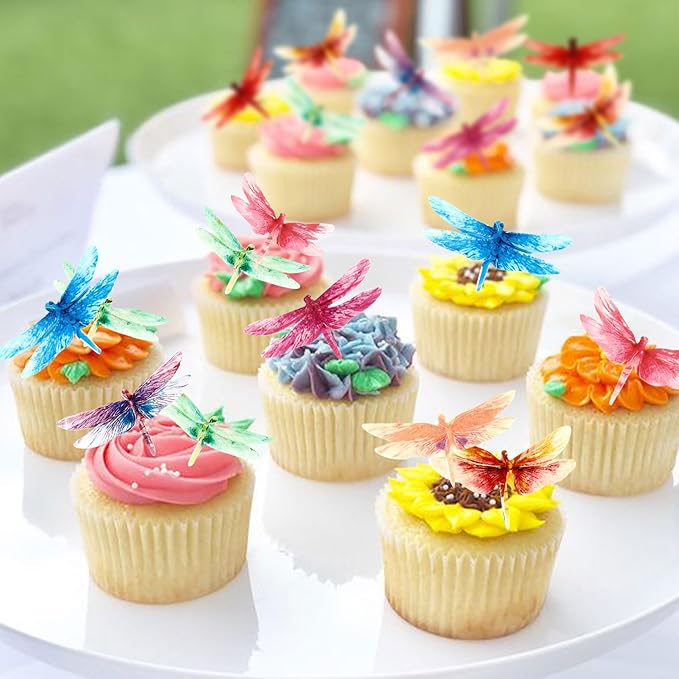 45PCS Edible Dragonfly Cupcake Toppers Wafer Paper Insect Themed Cake Decoration Drink Topper Wedding Baby bath Cake Decorations Garden Decorations Birthday Party Decoration Supplies