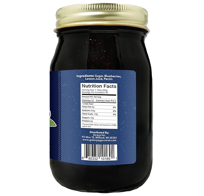 Green Jay Gourmet Blueberry Jam - All-Natural Fruit Jam with Blueberries & Lemon Juice - Vegan, Gluten-free Jam - Contains No Preservatives or Corn Syrup - Blueberry Jam Made in USA - 2 x 20 Ounces