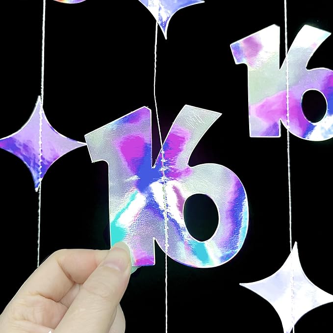 Iridescent 16th Bow Birthday Decorations Metallic Conquette Bow Garland Streamer Banner Backdrop for Girls Boys Happy 16th Birthday Sweet Sixteen Cheers to 16 Years Old Anniversary Party Supplies