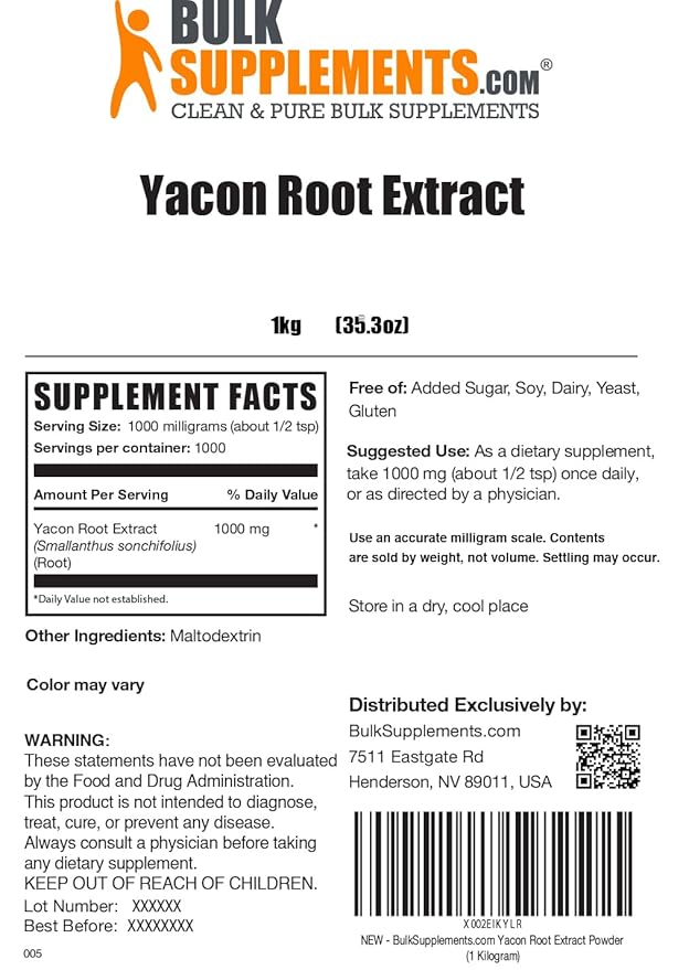 BulkSupplements.com Yacon Root Extract Powder - Natural Sweetener, Yacon Root Powder - Traditional Supplement, Gluten Free, 1g per Serving, 1kg (2.2 lbs) (Pack of 1)