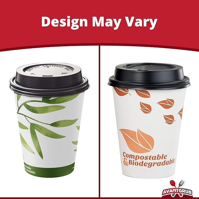 50Pk of 12Oz Recyclable Hot Drink Cups Wood Stirrers and Cardboard Coffee Sleeves. Biodegradable Compostable and Disposable Decorative White Coffee Cups Useful for Eco Friendly Business and Cafes.