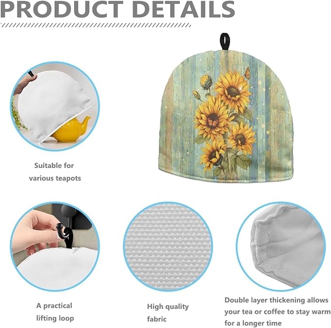 Hudotybom Wood Sunflower Tea Cozy for Teapot Insulated Large Teapot Cover to Keep Warm Tea Kettle Cover Machine Washable Coffee Pot Cloth Covers Kitchen Home Decorations for Housewife Mom