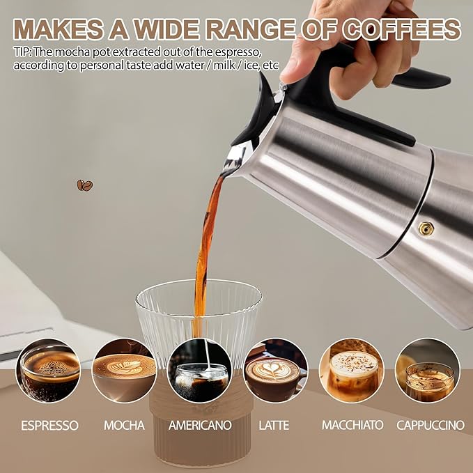 Stainless Steel Electric Moka Pot 6 Cup 300ml Express Coffee Maker Stovetop Espresso Portable Coffeemaker Italian Classic Brewing Greca Cafe Mocha with Removable Base and Overheating Protection 10oz