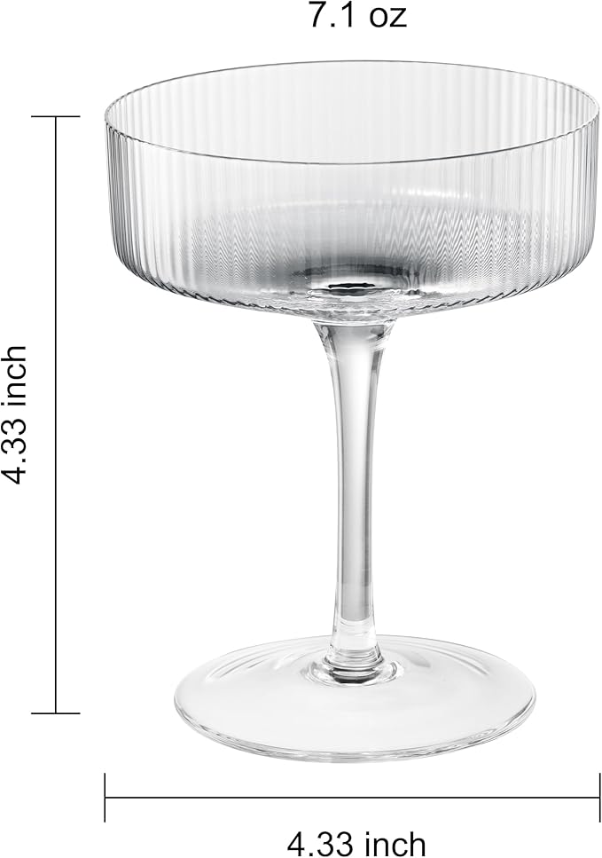 Khen Ribbed Vintage Art Deco Coupe Glasses - Martini, Champagne & Cocktail Ribbed Glasses 12oz | Cute Crystal Glassware Sets - Goblet Stemmed Ripple Glassware, Housewarming Glass Gifts, Clear 2 Piece