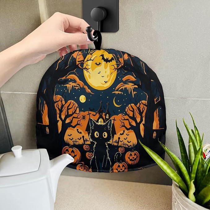 ZUXONGSYBlack Cat Tea Cozy for Teapot Insulated Scratch Proof Cup Cozy Bat with Spider Breakfast Warmer for All Hallows' Eve Party ReusableTeapot Insulation Cover Halloween Day
