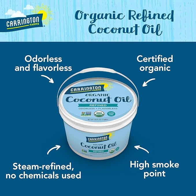 Carrington Farms Organic Refined Coconut Oil, 1 Gallon, Cold-Pressed, Non-GMO, Gluten-Free, Perfect for Cooking, Baking, Skin Care, Hair Oil, MCTs, 128 fl oz ??Nutrient-Rich, No Trans Fats