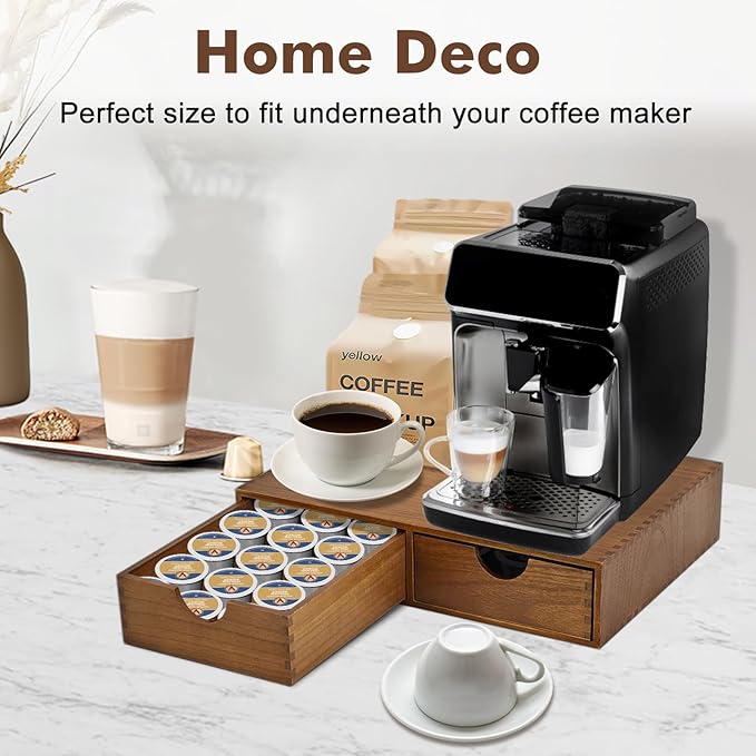 Wooden K Cup Organizer Coffee Pod Storage Box - K Pod Holder with Two Drawers, K Cup Drawer Under Brewer and Coffee Maker Machine Stand, 30 Pod Capacity, Style A ??,<div>