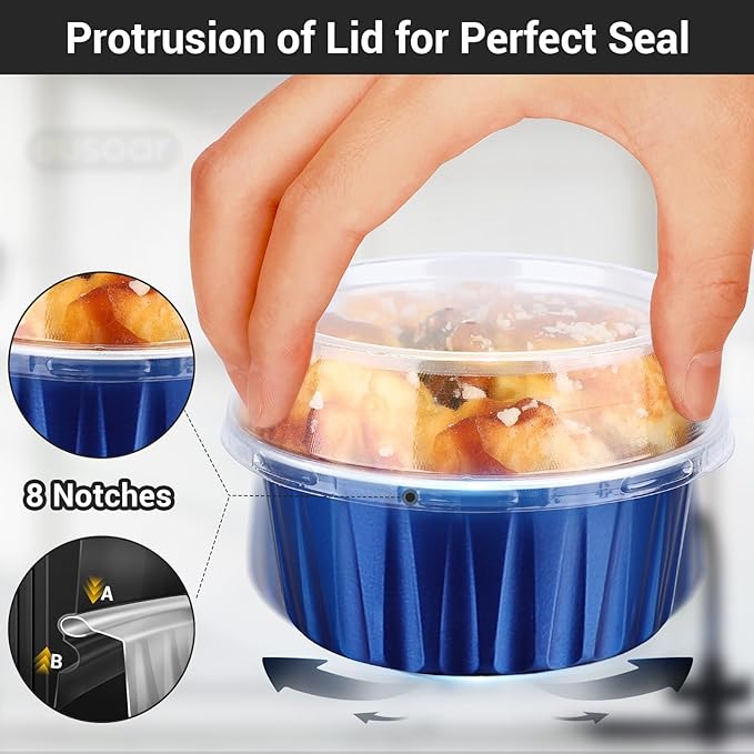 EUSOAR Foil Ramekins, 60pcs 5oz Disposable Mini Aluminum Foil Cupcake Liners Ramekins Cups with Lids for Baking, Dessert Cups Aluminum Cheesecake Pan Creme Brulee Baking Cups for Oven-Royal Blue