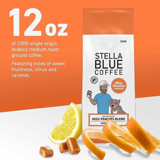 Stella Blue Ground Coffee, Miss Peaches Blend, Medium Roast, Citrus, Caramel and Fruity Notes, 100% Arabica, Ethically Sourced from Central and South America, 12 oz bag