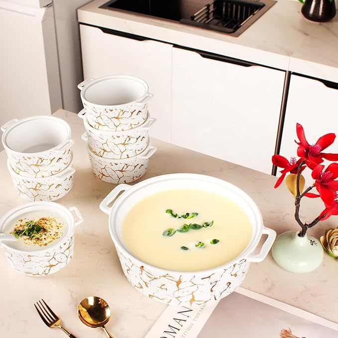 Ceramic Casserole Dish set with rack and Glass Lid, 1 large spoon, 6 small spoons, 6 soup cups - 2.2Qt Serving Soup Tureen with Handle, Serving Tureen for Restaurant Home Kitchen Decoration