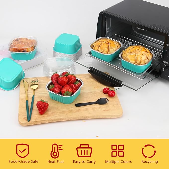 LNYZQUS 120pack/10oz Foil Mini Cake Tins with Lids 4?�X4??Small Cake Baking Pans Cupcake Containers,Disposable Ramekins Mini Aluminum Brownie Pan Large Muffin Cups Holders-Cyan Blue