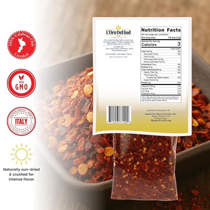 Dried Calabrian Chili Flakes, 2.11 oz (60 g), Crushed Hot Chili Peppers, Non-GMO, Calabrian Chili Certified, Product of Italy, L'Oro Del Sud